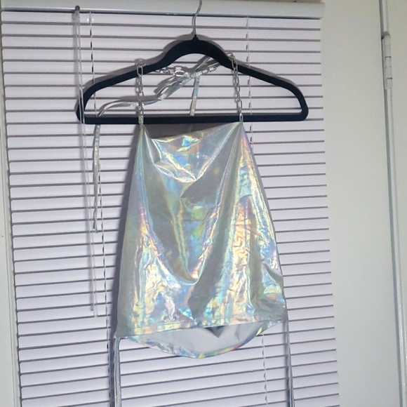 SHEIN Women's Holographic Drawstring Side Chain Strap Crop Halter Top- Small - Picture 8 of 11